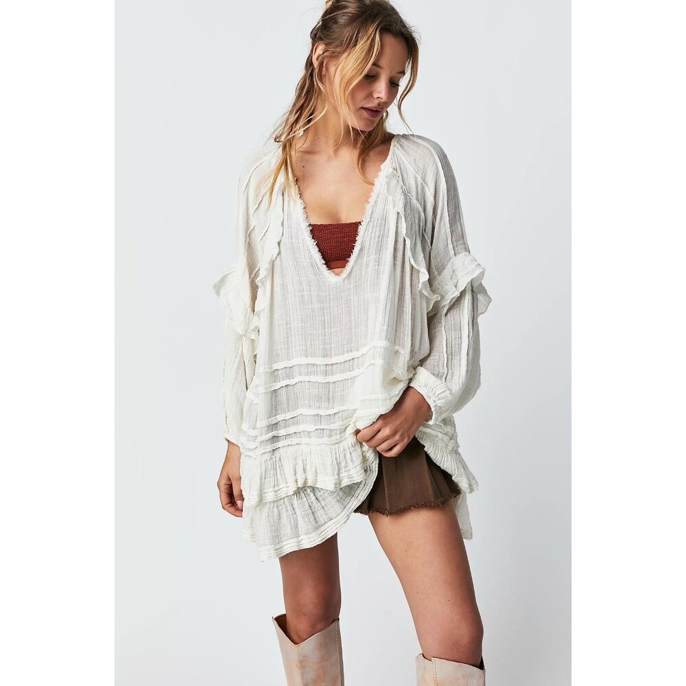 Free People One Tamasi Tunic Top Shirt Size Large White Long Sleeve Ruffle Gauze
